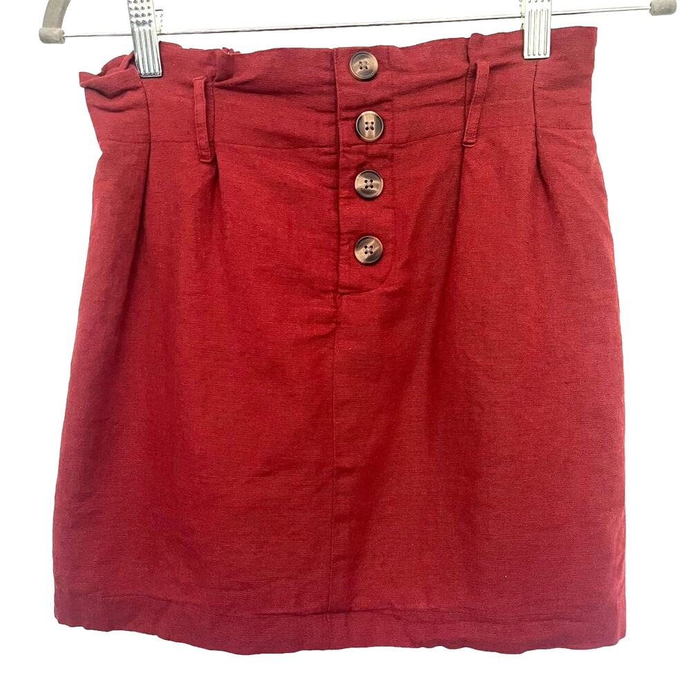AMERICAN EAGLE Paper Bag Linen Blend Skirt Size XS Rust Red Pull On Button